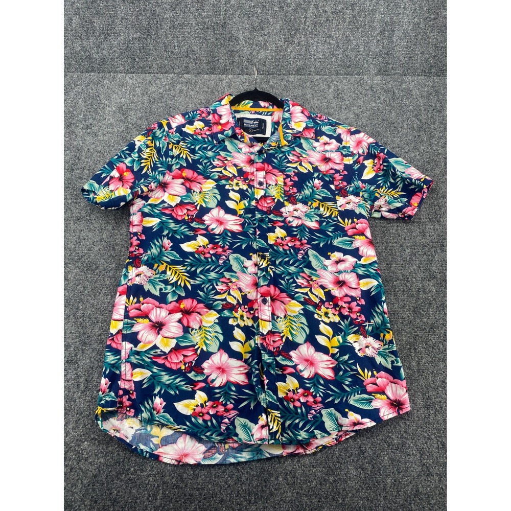 Monument Tropical Floral Hibiscus Button Up Shirt Mens Large Navy Blue Cotton SS